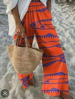Wide Leg Orange & Blue Fish Printed Palazzo Pants Sz L - NEW